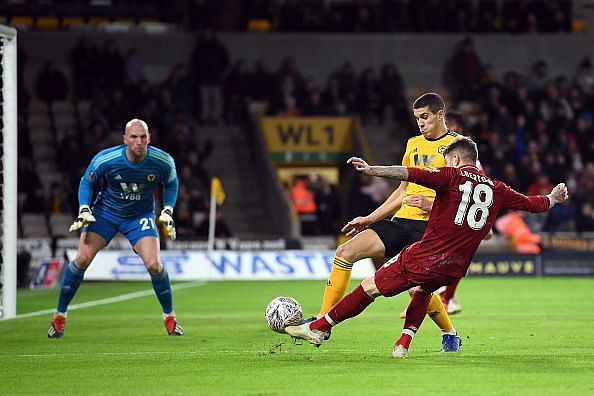 Moreno in action against Wolverhampton Wanderers in the Emirates FA Cup Third Round